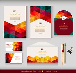 Image showing Corporate Identity. Vector templates. Geometric pattern. Envelope, cards, business cards, tags, disc with packaging, pencils, clamp. With place for your text