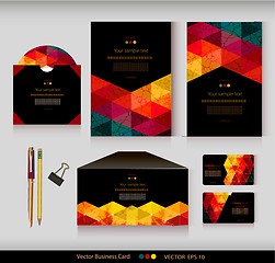 Image showing Corporate Identity. Vector templates. Geometric pattern. Envelope, cards, business cards, tags, disc with packaging, pencils, clamp. With place for your text
