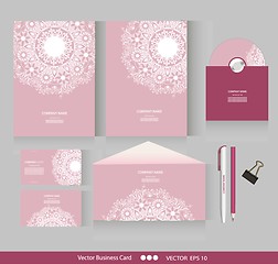Image showing Corporate Identity. Vector templates. Geometric pattern. Envelope, cards, business cards, tags, disc with packaging, pencils, clamp. With place for your text
