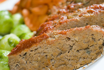 Image showing meat loaf with brussels sprouts and carrots