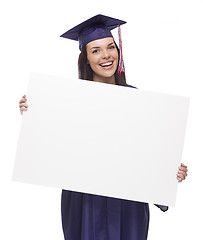 Image showing Female Graduate in Cap and Gown Holding Blank Sign