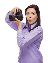 Image showing Attractive Mixed Race Young woman With DSLR Camera on White