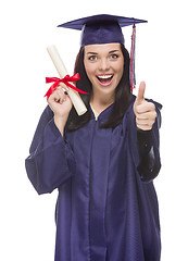 Image showing Mixed Race Graduate in Cap and Gown Holding Her Diploma