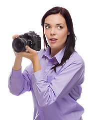 Image showing Attractive Mixed Race Young woman With DSLR Camera on White