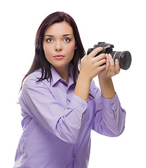 Image showing Attractive Mixed Race Young woman With DSLR Camera on White