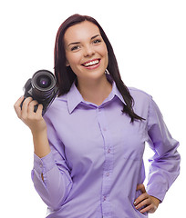 Image showing Attractive Mixed Race Young woman With DSLR Camera on White