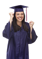 Image showing Excited Mixed Race Graduate in Cap and Gown Cheering