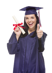 Image showing Mixed Race Graduate in Cap and Gown Holding Her Diploma