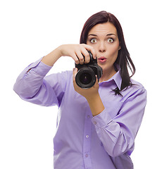 Image showing Attractive Mixed Race Young woman With DSLR Camera on White