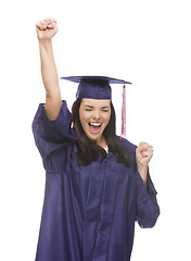 Image showing Excited Mixed Race Graduate in Cap and Gown Cheering