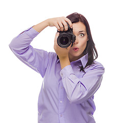 Image showing Attractive Mixed Race Young woman With DSLR Camera on White