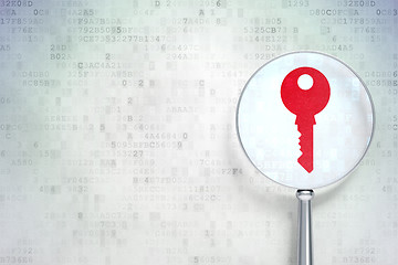 Image showing Security concept:  Key with optical glass on digital background