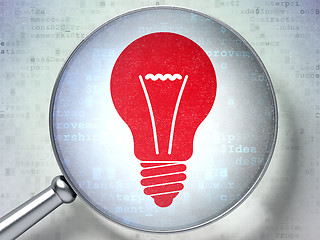 Image showing Finance concept:  Light Bulb with optical glass on digital backg