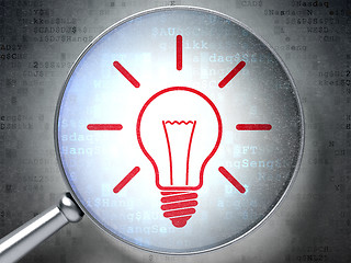 Image showing Finance concept:  Light Bulb with optical glass on digital backg