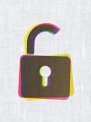 Image showing Privacy concept: Opened Padlock on fabric texture background