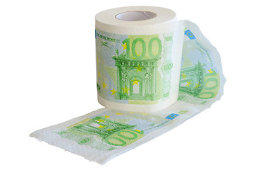 Image showing Banknotes 100 Euro printed on the toilet paper roll