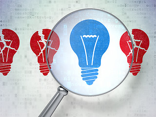 Image showing Business concept: Lightbulb with optical glass on digital backgr