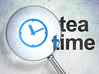 Image showing Timeline concept: Clock and Tea Time with optical glass