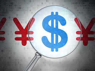 Image showing Currency concept: Dollar And Yen with optical glass on digital b