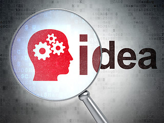 Image showing Advertising concept: Head With Gears and Idea with optical glass