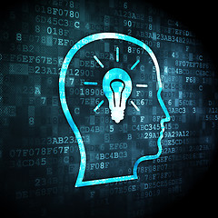 Image showing Advertising concept: Head With Lightbulb on digital background