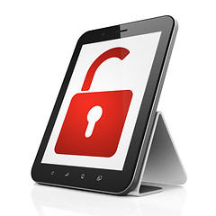 Image showing Protection concept: Opened Padlock on tablet pc computer