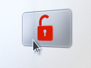 Image showing Safety concept: Opened Padlock on digital button background