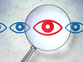 Image showing Protection concept: Eye with optical glass on digital background