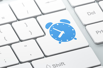 Image showing Timeline concept: Alarm Clock on computer keyboard background