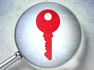 Image showing Privacy concept:  Key with optical glass on digital background