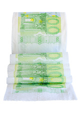 Image showing Unwound toilet peper roll with 100 euro bank notes