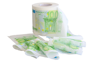 Image showing Reeled off toilet paper with 100 Euro banknotes image