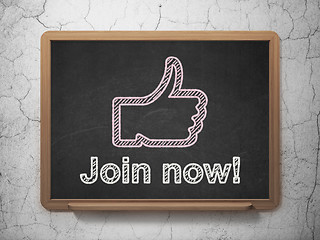 Image showing Social network concept: Thumb Up and Join now! on chalkboard background