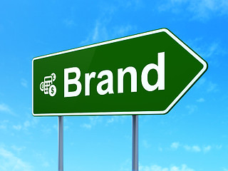 Image showing Marketing concept: Brand and Calculator on road sign background