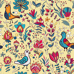 Image showing Seamless floral pattern with birds and flowers