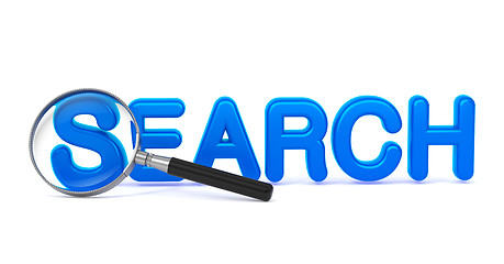 Image showing Search - Blue 3D Word Through a Magnifying Glass.