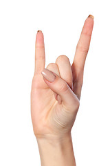 Image showing A woman's hand giving the Rock and Roll sign