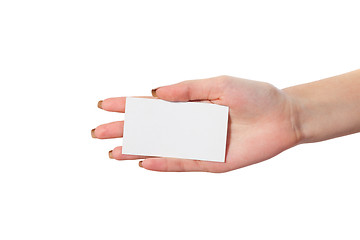 Image showing Businesswoman's hand holding blank business card