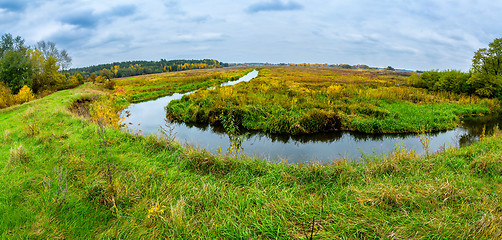 Image showing Landscape with forest lake in autumn. Panorama