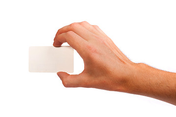 Image showing Businessman's hand holding blank business card