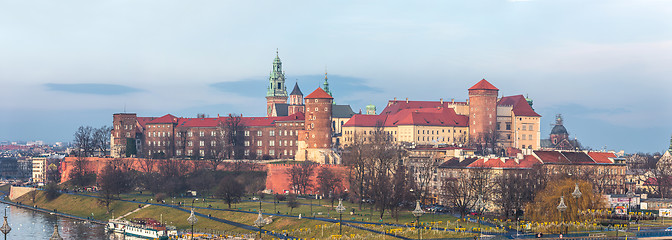 Image showing Cracow skyline with aerial view of historic royal Wawel Castle a