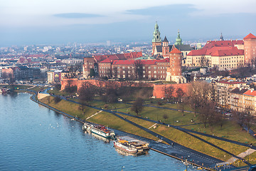 Image showing Cracow skyline with aerial view of historic royal Wawel Castle a