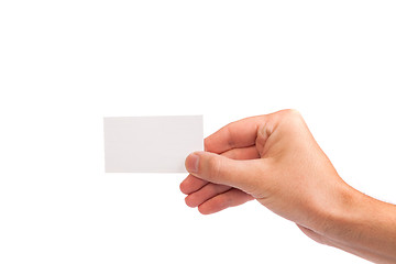 Image showing Businessman's hand holding blank business card