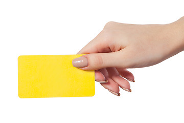 Image showing Businesswoman's hand holding blank business card