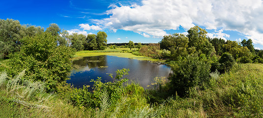 Image showing Panorama of summer morning lake