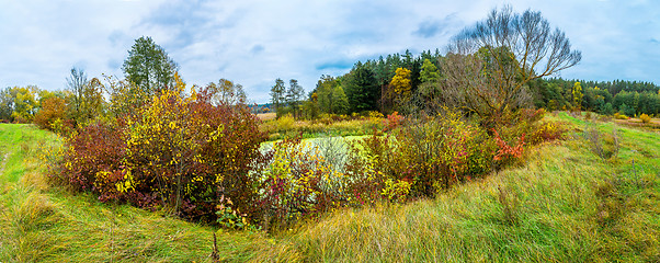 Image showing Forest lake in fall. Panorama