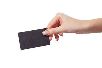 Image showing Businesswoman's hand holding blank business card