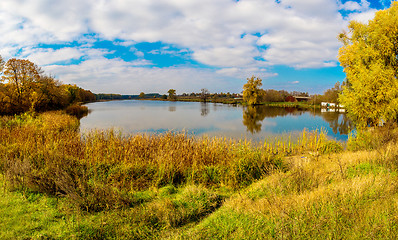 Image showing Forest lake in fall. Panorama