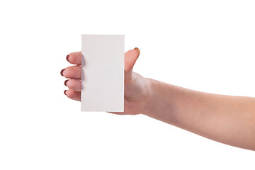 Image showing Businesswoman's hand holding blank business card