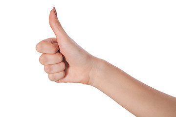 Image showing Female hand showing thumbs up sign isolated on white